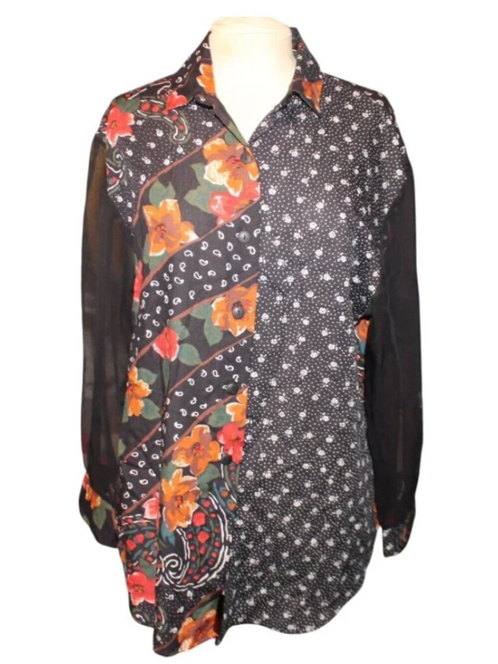 Vintage ALLEY CAT II Floral Patch Top Sz M Button Up Maximalist Artsy 80s Sheer